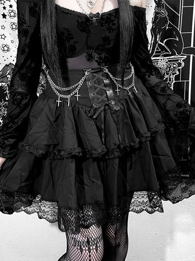 AltGoth Halloween Dark Gothic Skirt Women Vintage Streetwear Y2k Cyberpunk Chain Cross Lace-up Corset Skirt Harajuku Cake Skirt