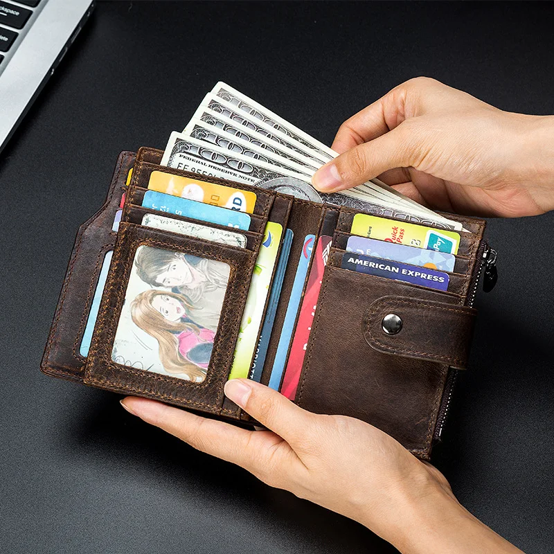 Top layer cofskin RFID anti-theft brush real leather wallet retro men's short vertical buckle wallet