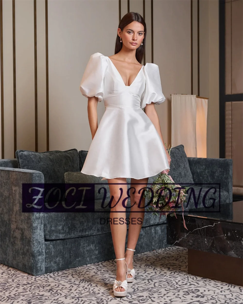 Zoci Sexy Deep V Neck Wedding Dresses Satin A Line Short Bride Dress Tulle Train Customized Puff Sleeves Open Back Bridal Gown