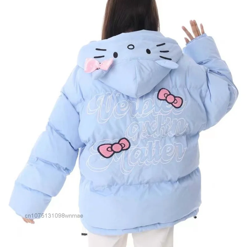 SANRIO-Hooded Down Coat for Women, Pink Zipper, Cotton-padded Jacket, Loose Warm Sports Clothes, Cute and Sweet, Winter