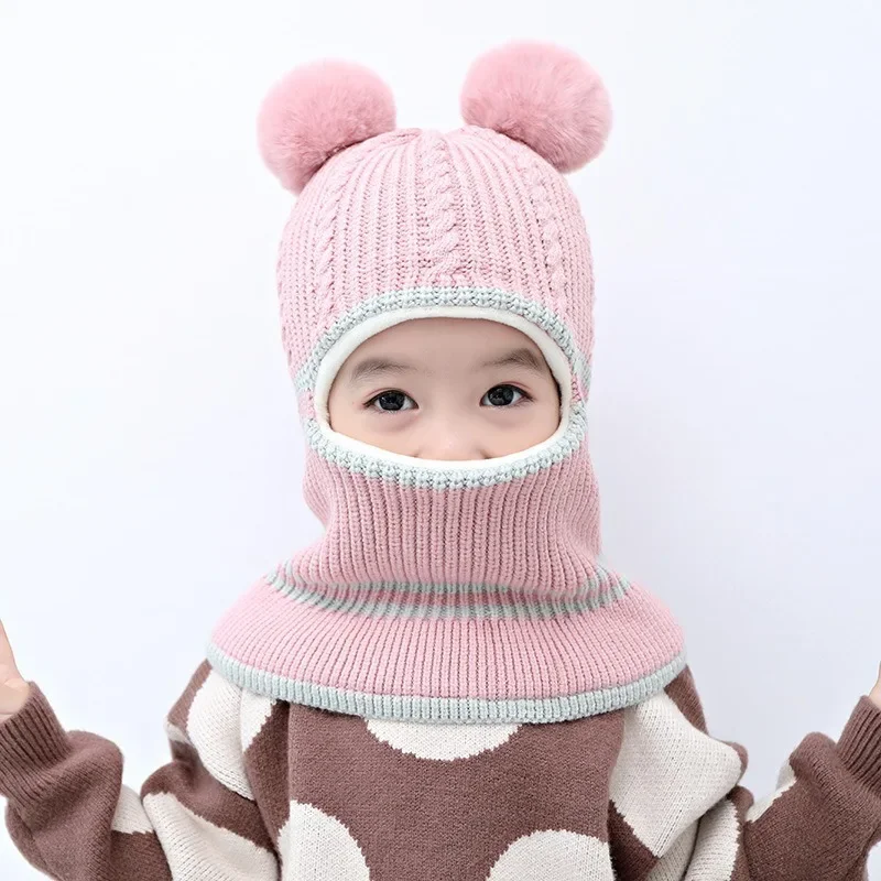 Creative 2026 New Kids Double Pom Balaclava Hat Scarf Set Winter Warm Knitted Face Cover Multicolor Cute Beanie For Toddlers