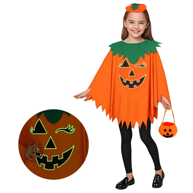 Halloween Pumpkin Kids Cape Girls Boys Glow In Dark Face Print Poncho with Bag Headband Family Matching Clothes