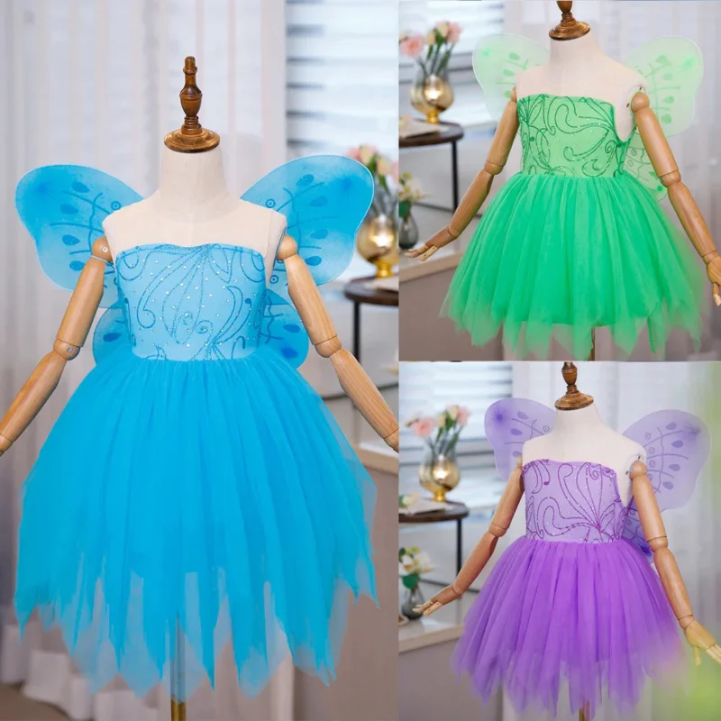 Pixie Fairy Costume for Girls 2023  Princess Tinker Bell New Blue Purple Dress Wing Toddler Fancy Birthday Party Gowns