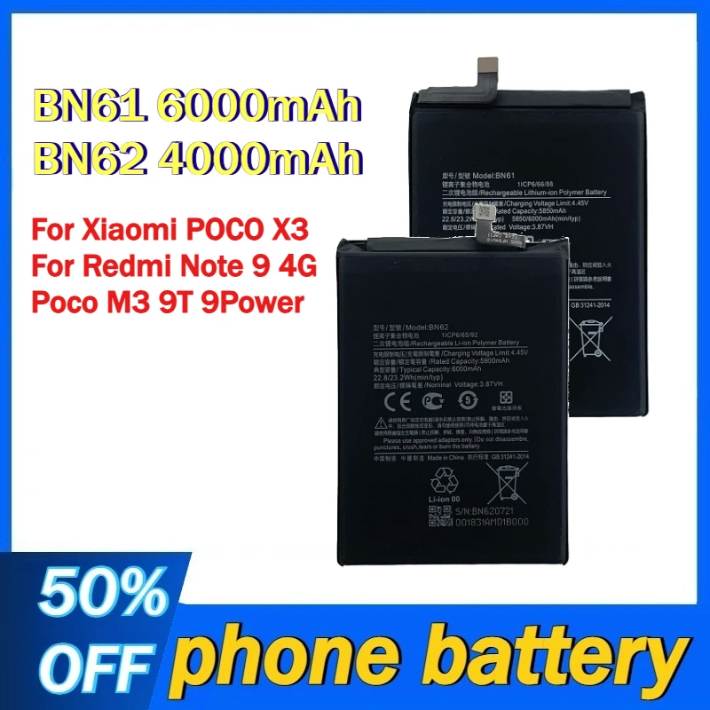 

BN61 6000mAh BN62 4000mAh Battery For Xiaomi POCO X3 For Redmi Note 9 4G Poco M3 9T 9Power