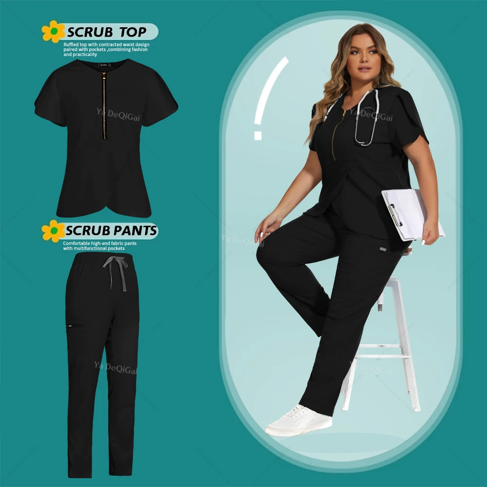 

Scrub Uniform Tops Set Healthcare Outfits Women Working V-neck Trouser Suit Fashion Women's Beauty Salon Medical Clinic Workwear