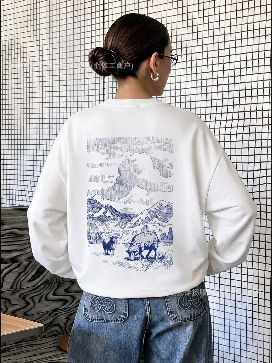 Chic Women 100% Cotton Long Sleeve T Shirt Vintage Sketch Mountain Sheep Graphic Loose Oversized Nature Casual Streetwear Tees