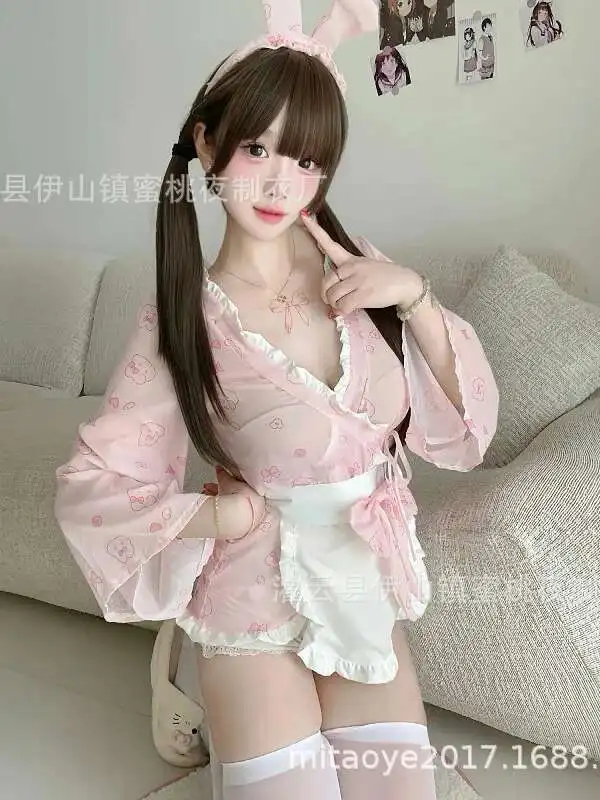 Abito sexy con stampa coniglietto Kimono Tentazione Abito sexy a maniche lunghe slim fit con fiocco Dolce carino Puro desiderio Affascinante ed elegante MDJL