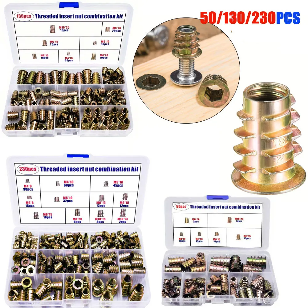 50/75/130/230PCS Threaded Inserts Nut Combination Tool Kit for Wooden Furniture Hexagon Socket Screw Connectors Bolt Fastener