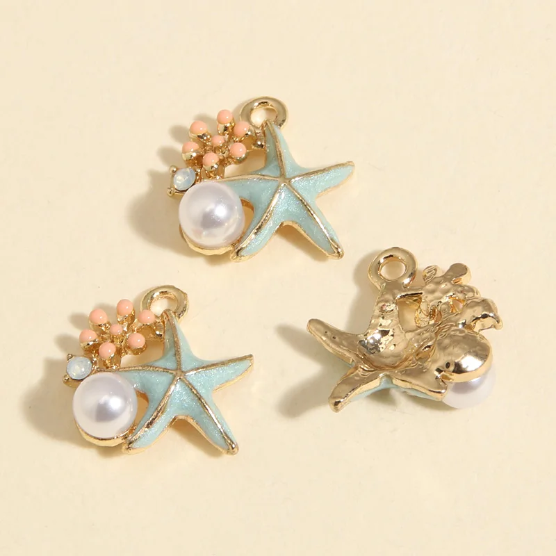 5pcs Gold Color 15x15mm Lovely Enamel Shell Starfish Pearl Flower Charms Sea Pendant Fit DIY Handmade Jewelry Making Supplies