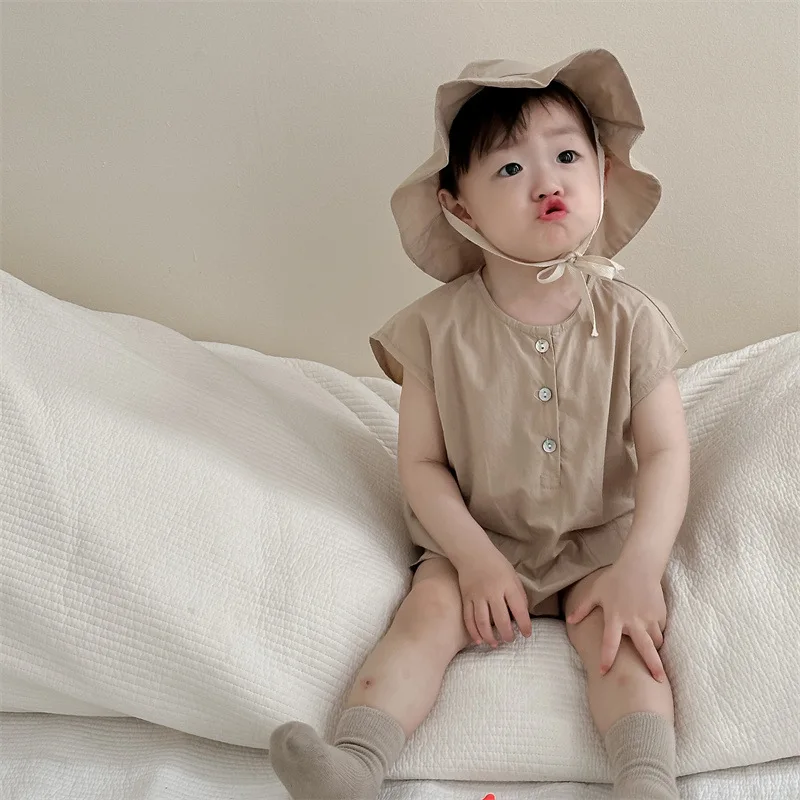 

2024 Summer New Baby Sleeveless Romper Solid Newborn Toddler Casual Strap Jumpsuit Infant Boy Girl Thin Cotton Overalls 0-24M