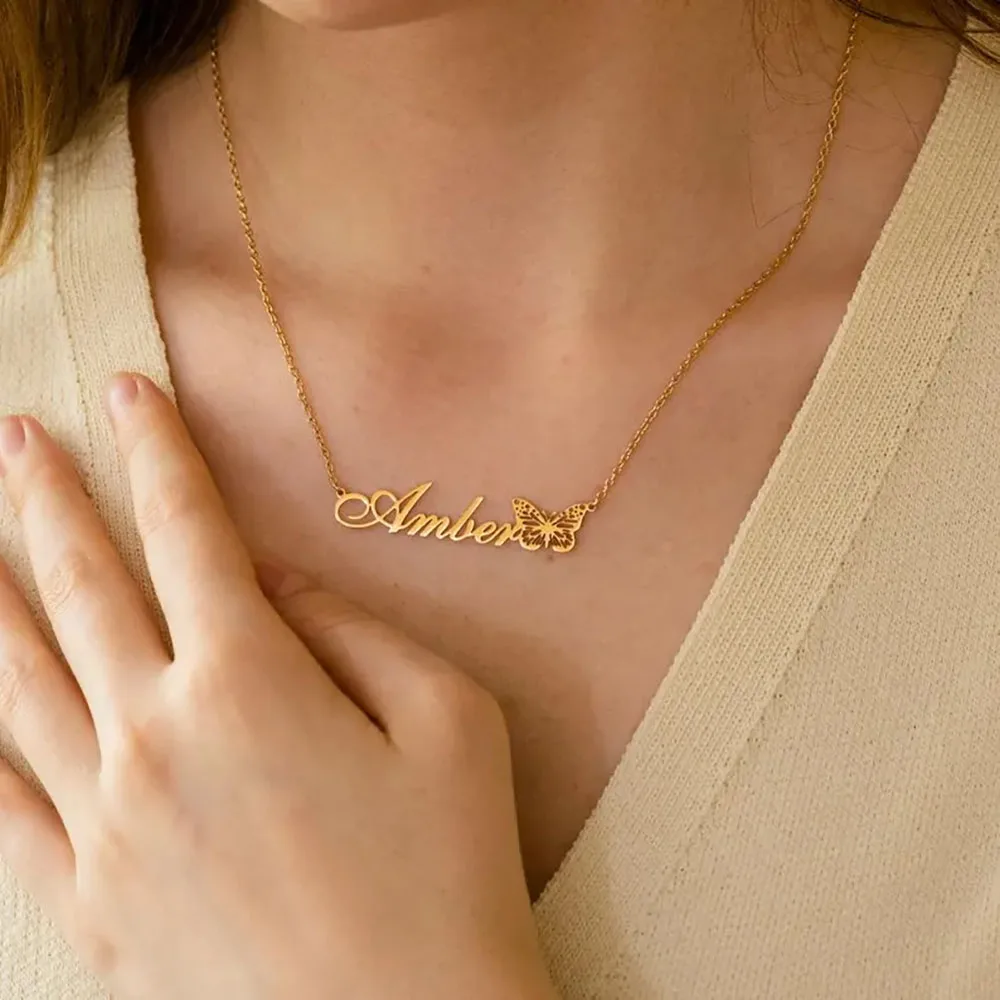 Personalized Butterfly Name Necklace Custom Birth Butterfly Stainless Steel Charm 18K Gold Women's Dainty Jewelry Birthday Gift