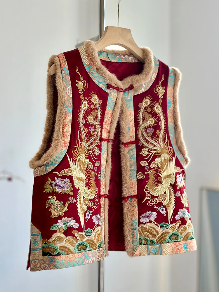 

High-Grade Red New Chinese Style Embroidered Quilted Vest Autumn and Winter Outer Wear National Suit Year Clothes