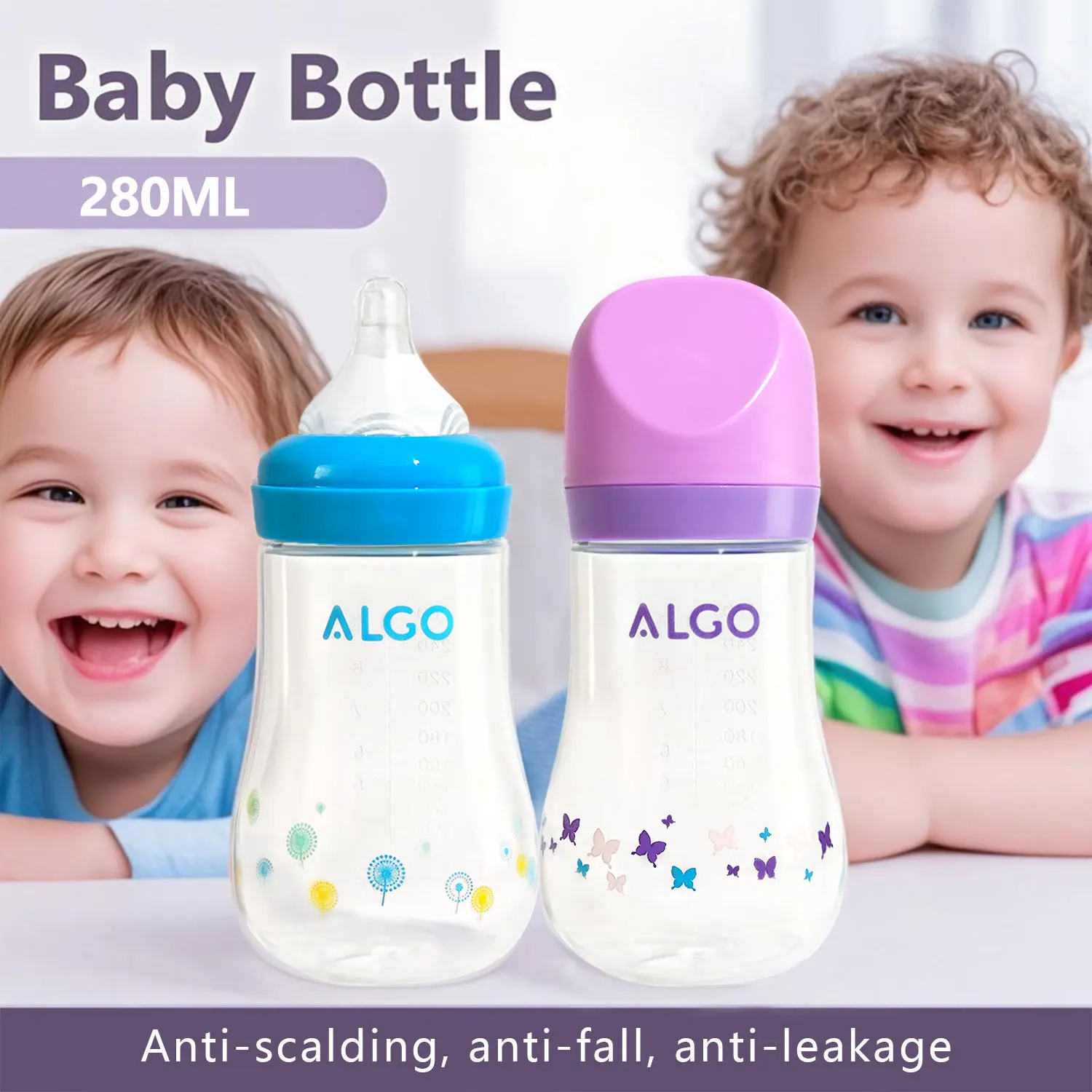 

1PCS Baby PP baby bottle curved large-caliber anti-fall 280ml baby bottle for newborns over 0 months maternal and child products