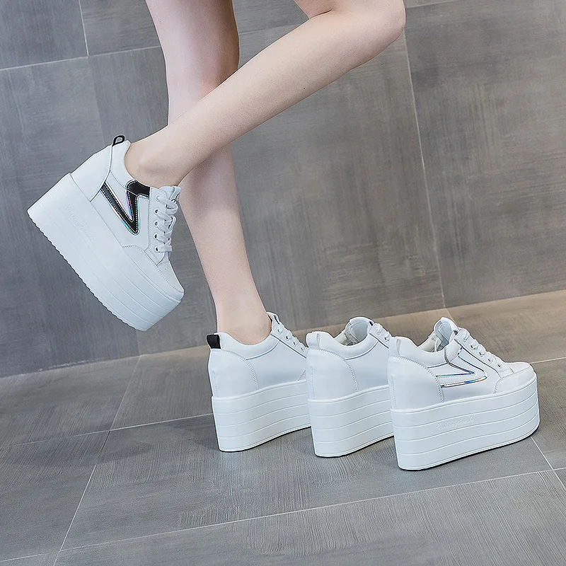 High quality 12cm Synthetic Genuine Leather Boot Ankle Women Autumn Spring Cowboy Platform Wedge High Brand Chunky Sneaker Shoes