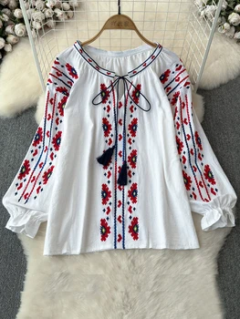 Pulôver de manga comprida com decote em v feminino, blusa temperamental, bordado floral, camisa solta, redutor de idade, blusa bolha, A115, outono