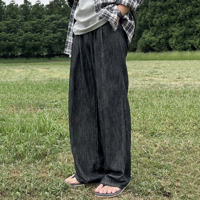 WTHT 패션 신상 남성 단색 루즈핏 캐주얼 팬츠 트렌디 한국 스타일 스트레이트 와이드 레그 트라우저 남성 2025 여름 2A1173