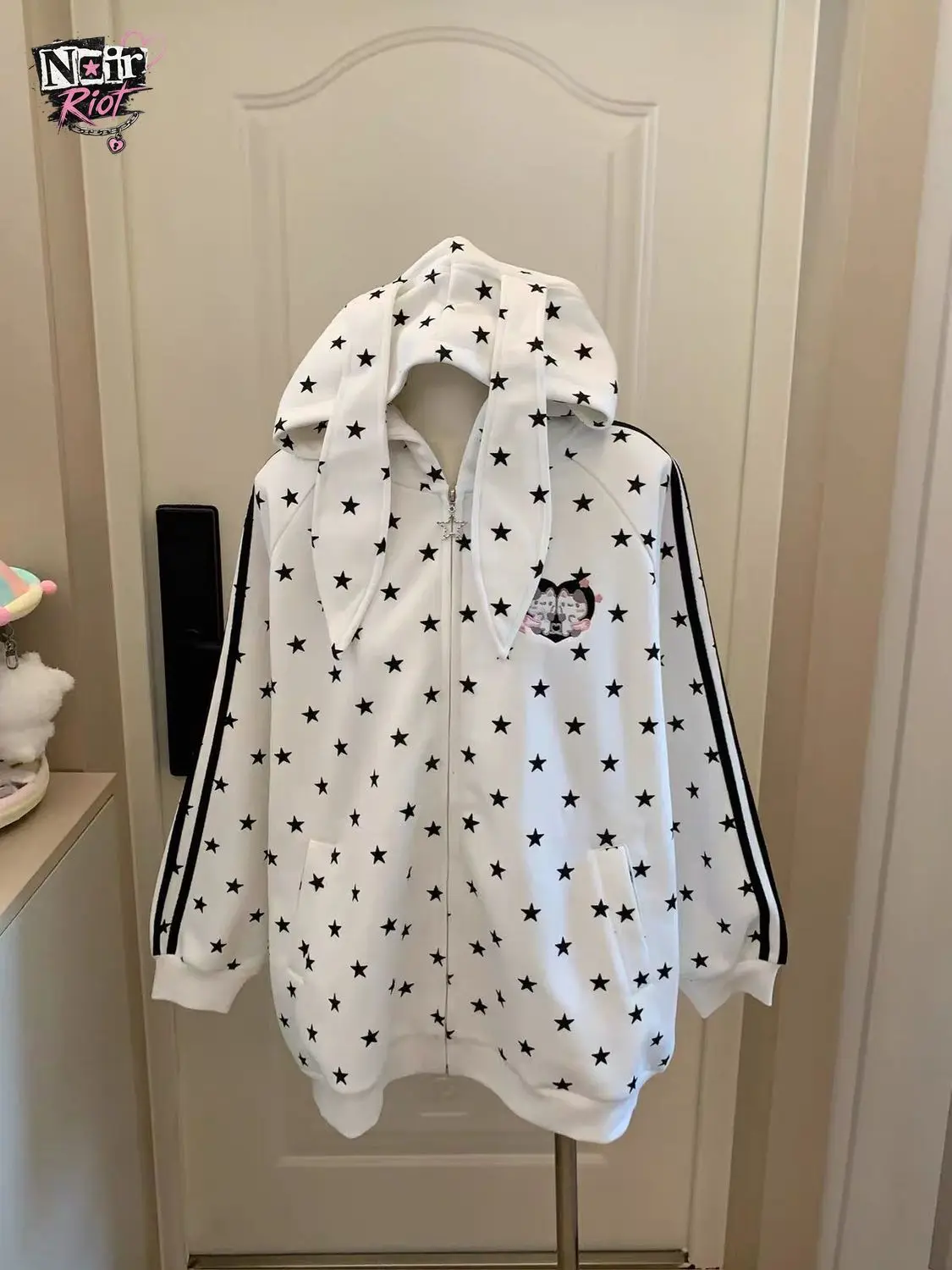 Kawaii White Star Print Bunny Ear Hoodie Women Zip Up Long Sleeve Oversized Jacket Black Stripe Harajuku Casual Streetwear Top