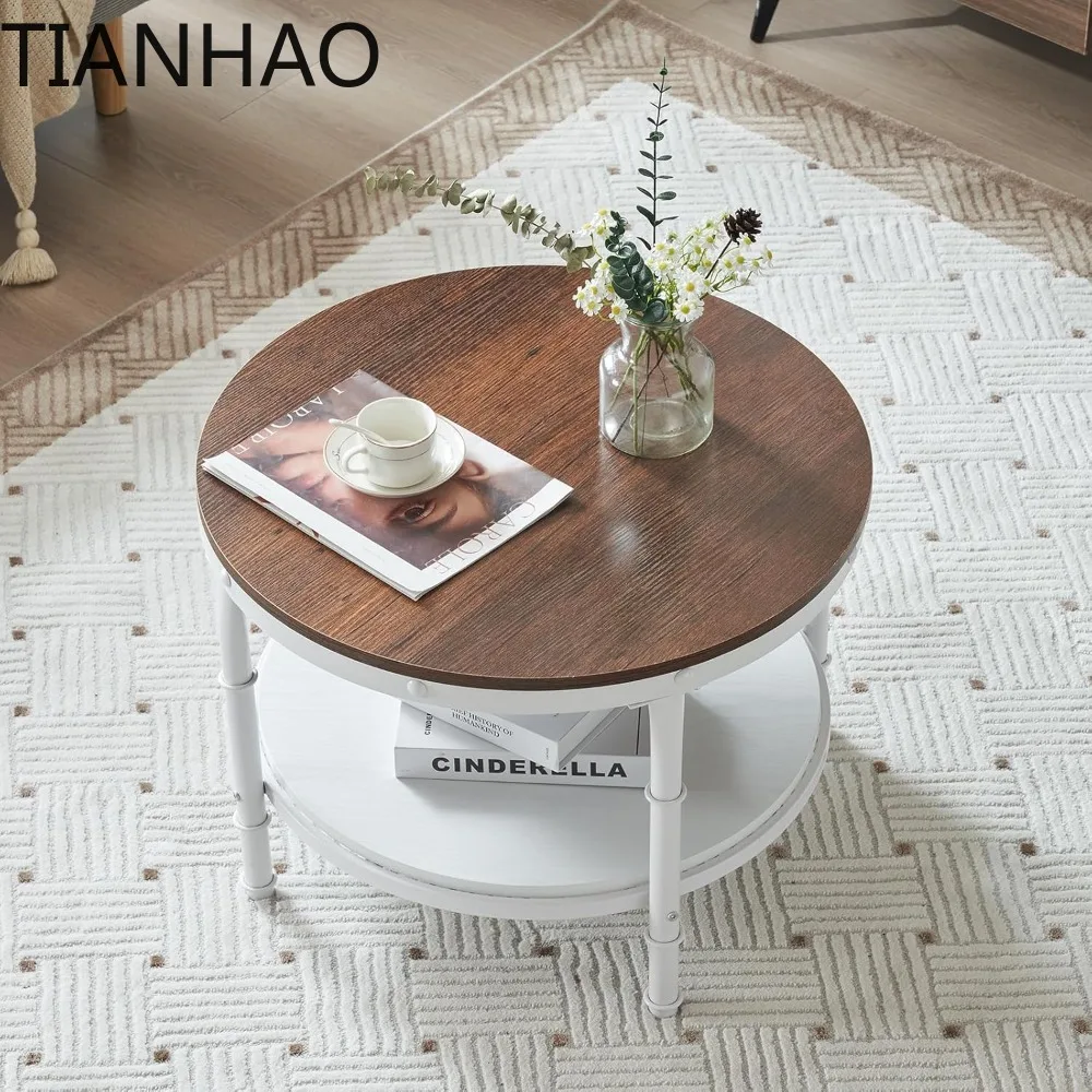 25.6 Rustic Oak White Round Farmhouse Coffee Table, 2-Tier Storage Wood Center Circle Accent Table for Living Room,