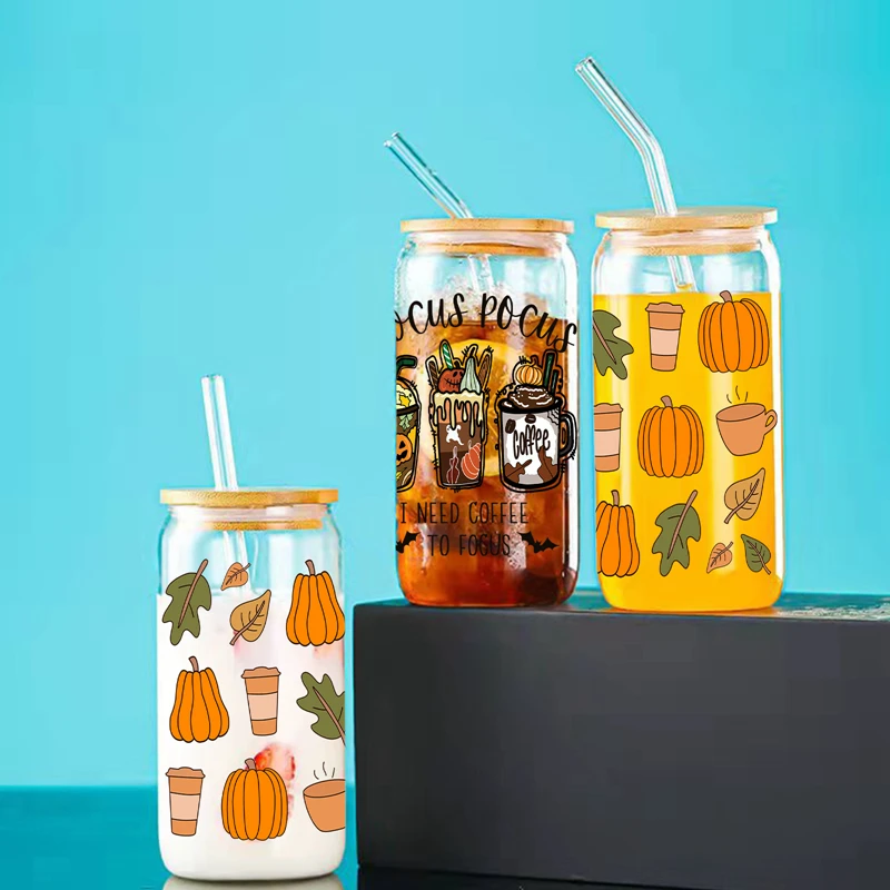 1pc Halloween Elements Printed Glass Cup With Bamboo Lid&Straw Transparent Heat-Resistant Juice Coffee Glass Can Halloween Gifts