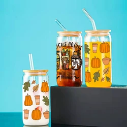 1pc Halloween Elements Printed Glass Cup With Bamboo Lid&Straw Transparent Heat-Resistant Juice Coffee Glass Can Halloween Gifts