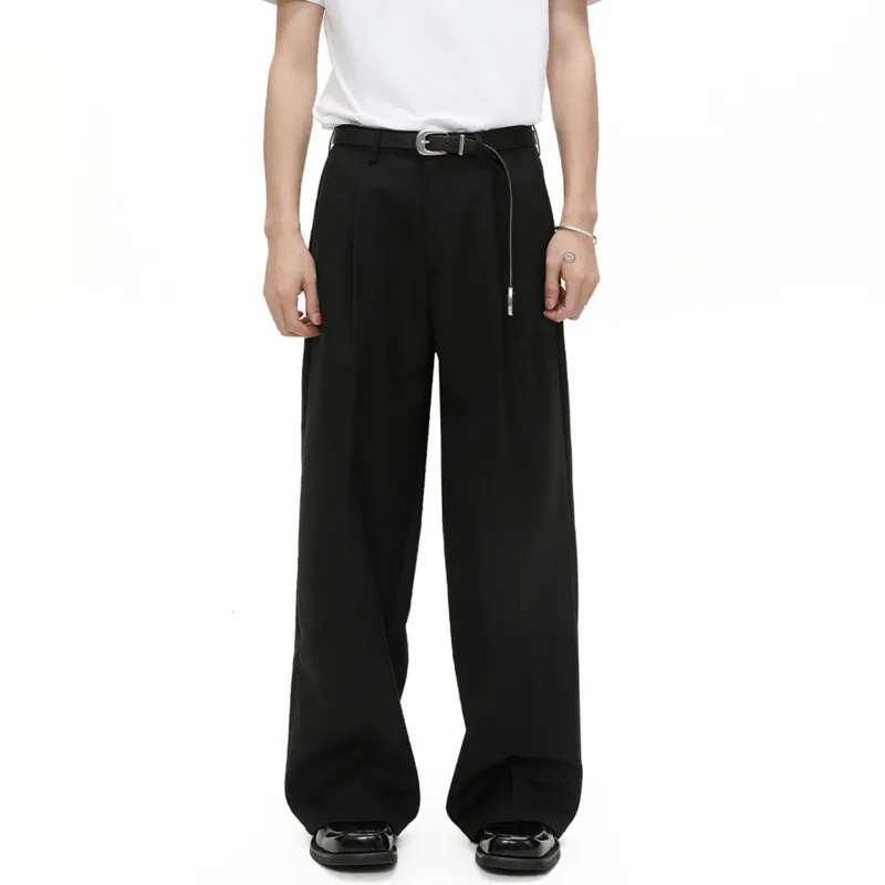 

SYUHGFA New Simple Men's Suit Pants Solid Color Pleated Design Casual Drape Wide Leg Straight All-match Loose Male Trousers