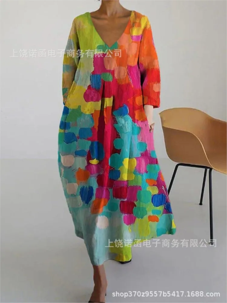 ชุดเดรสยาวพิมพ์ลายดอกไม้ฤดูร้อนสำหรับผู้หญิง ปี 2025 ทรงหลวม สีขาว สไตล์โบฮีเมียน ชุดเดรสยาวสำหรับงานปาร์ตี้ยามเย็นสไตล์วินเทจ ชุดเดรสยาวสำหรับผู้หญิง