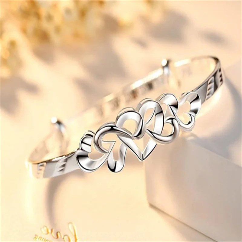 Romantic Linked Heart 999 Sterling Silver Bracelet Ladies Hollow Intertwined Love Bangle Hypoallergenic Fine Jewelry Anniversary