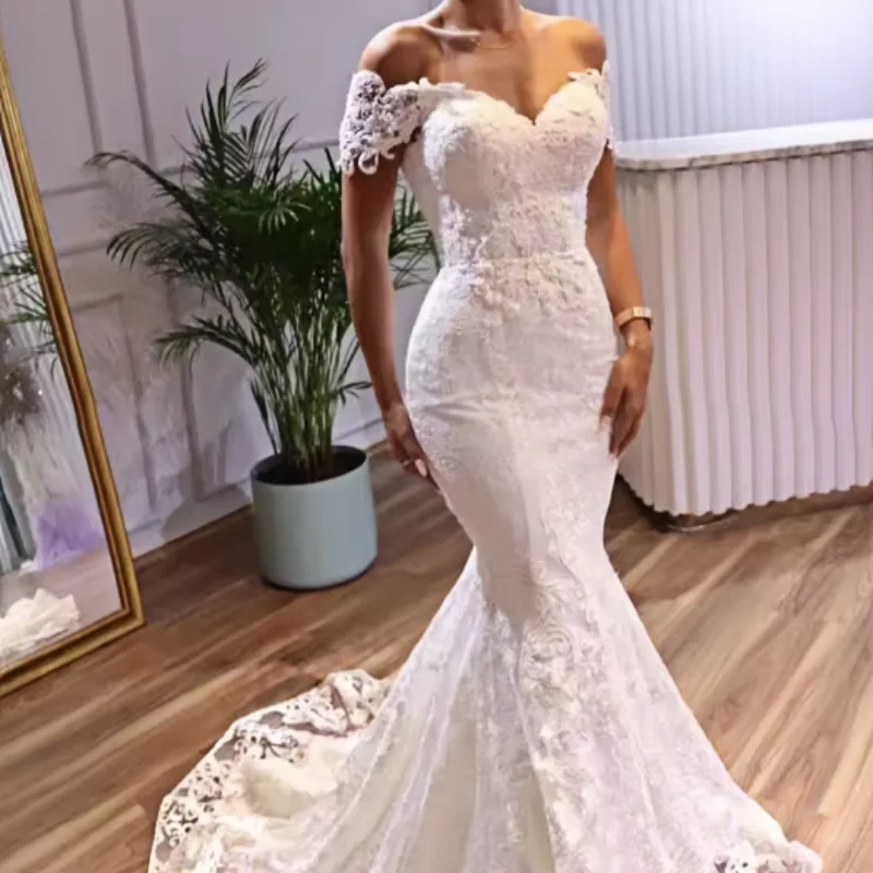 

Customized Simple Off The Shoulder Wedding Dresses Sweep Train Sweetheart Bridal Gowns Appliques Mermaid Tulle Vestido De Novia
