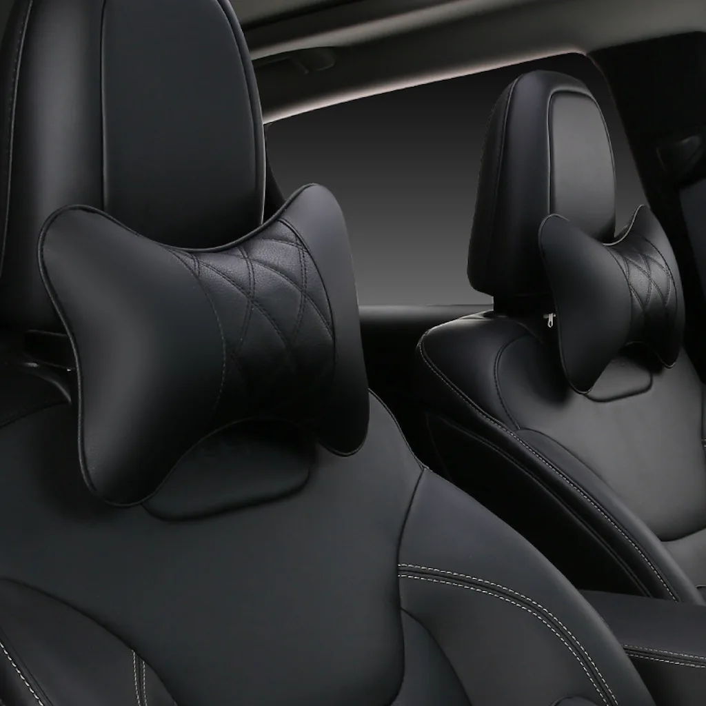 

2 Pieces Car Neck Pillows Both Side Pu Leather Pack Headrest For Head Pain Relief Filled Fiber Universal Car Pillow
