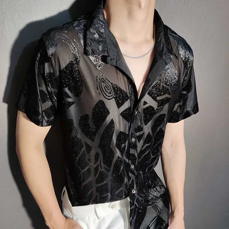 Men  Sexy Abstract Art Shirt Fashion Transparent Black Gold Shirt Casual Nightclub Shirt Top See Through Stylish Shirts For Men