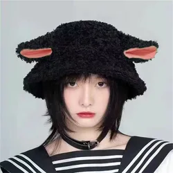 Women Lamb Wool Bucket Hat Winter Sheep Ear Plush Panama Caps for Girl Warm Faux Fur Soft Female Fisherman Sun Hats