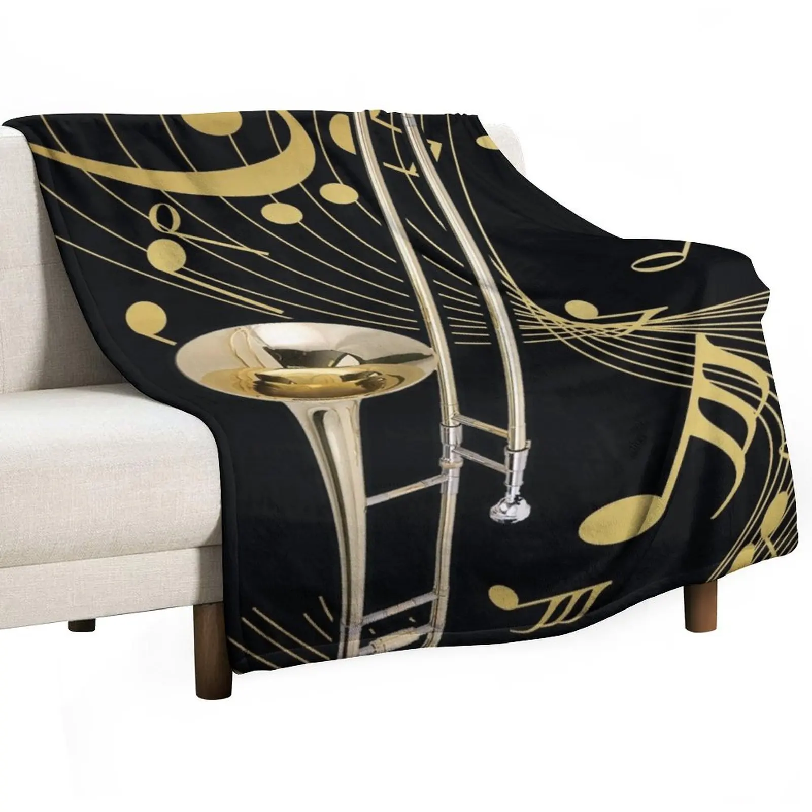 Trombone And Music Note Throw Blanket Hairys Designers warm winter Beach Blankets