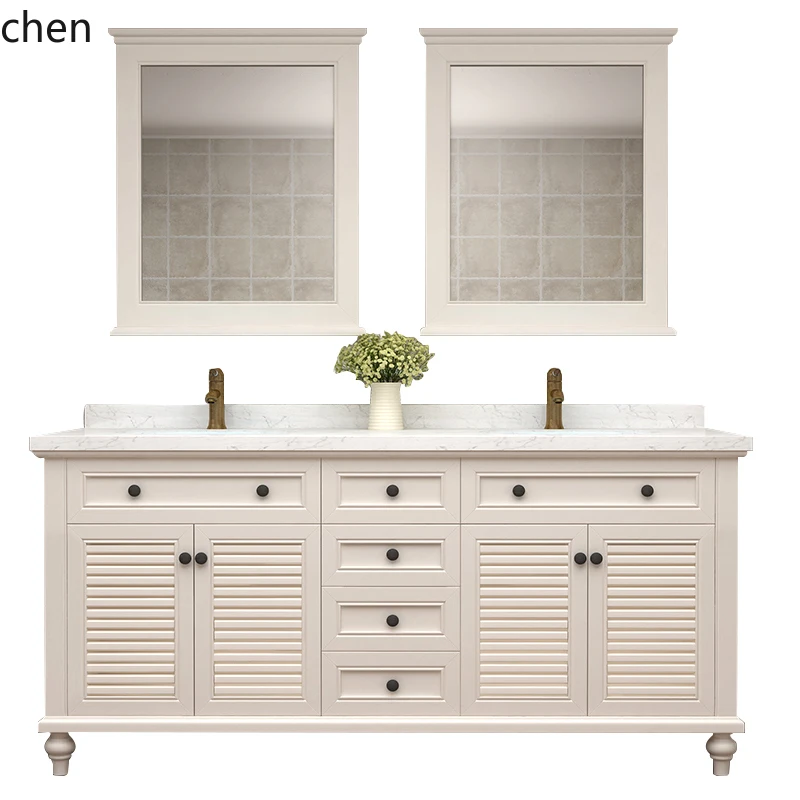 HTT double basin solid wood bathroom cabinet combination floor-to-ceiling light luxury louver door bathroom washbasin cabinet