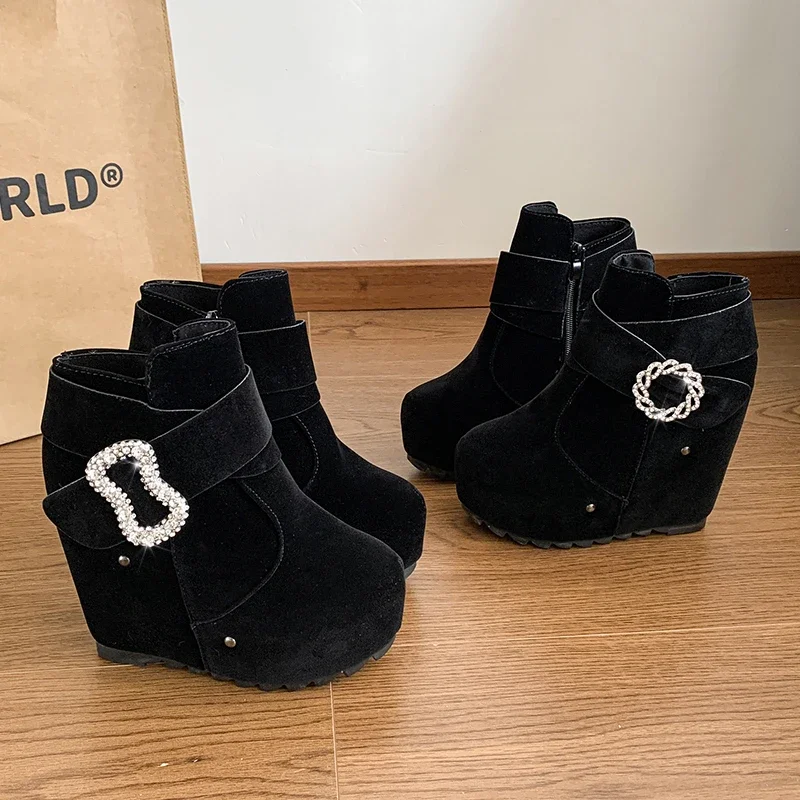 2024 Shoes for Women Ankle Women's Boots Platform Rome Boots Women Crystal Buckle Round Toe Side Zip High Wedges Shoes Female