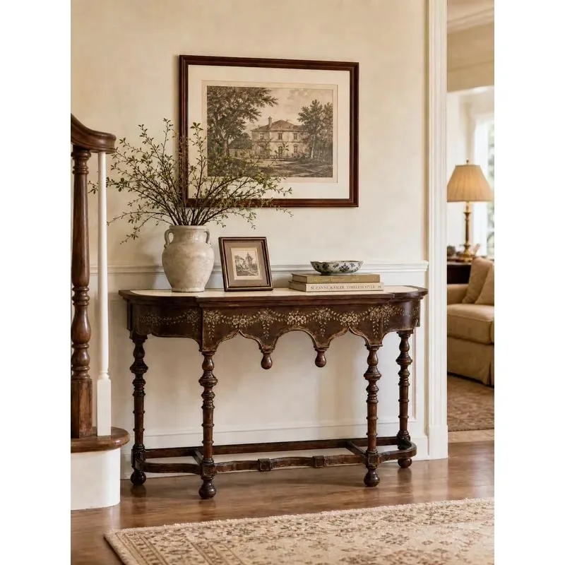 Antique Faux Vintage Wooden Entrance Table Hand Painted Floral Panels Cream Top Swirling Legs Console for Entryway Hallway