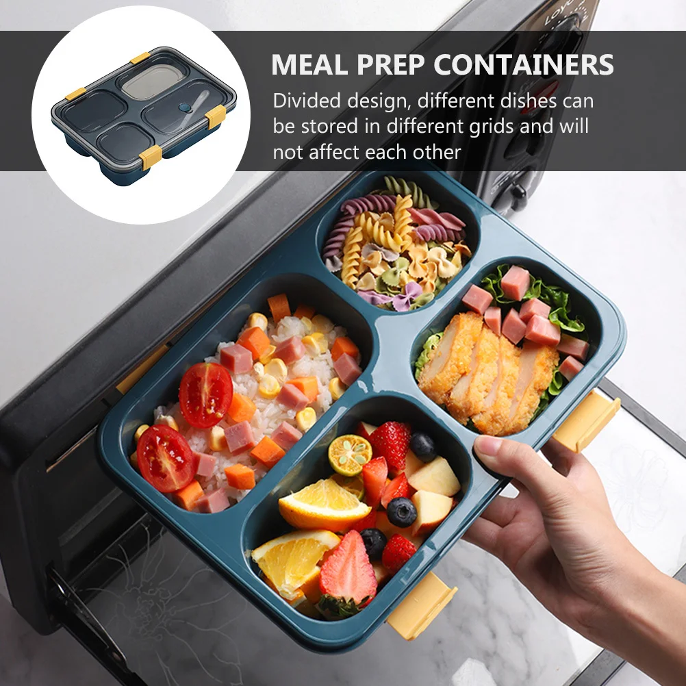 

Four-grid Lunch Box Boxes Meal Prep Container Microwaveable Blue Plastic Student