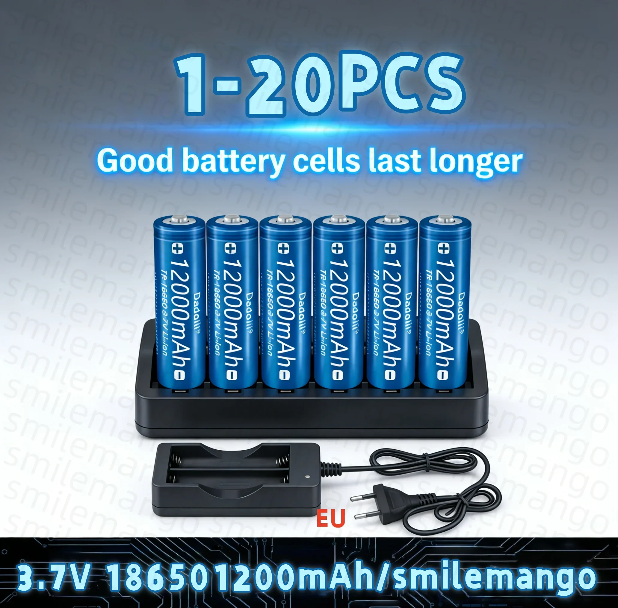 18650 3.7V pointed rechargeable lithium battery, 12000mAh, with charger, flashlight, toy, and remote control.