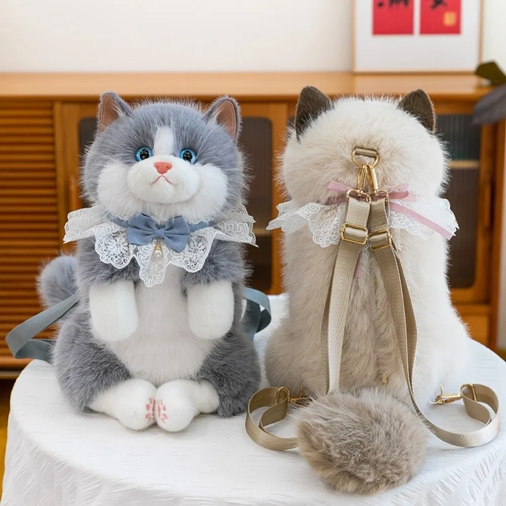 

New Realistic Cat Simulated Puppet Cat Backpack Soft Fluffy Cute Cartoon Cat Backpack Shoulder Bag Travel Storage