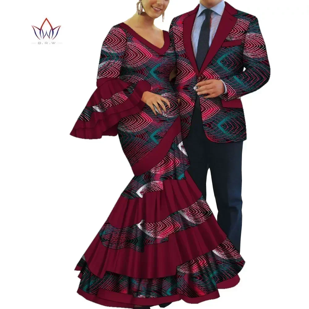 2pcs Set African Dresses for Women Long Sleeve Party Dress Mens Blazer  Casual Tops Couple Match Lover Wedding Clothes WYQ813