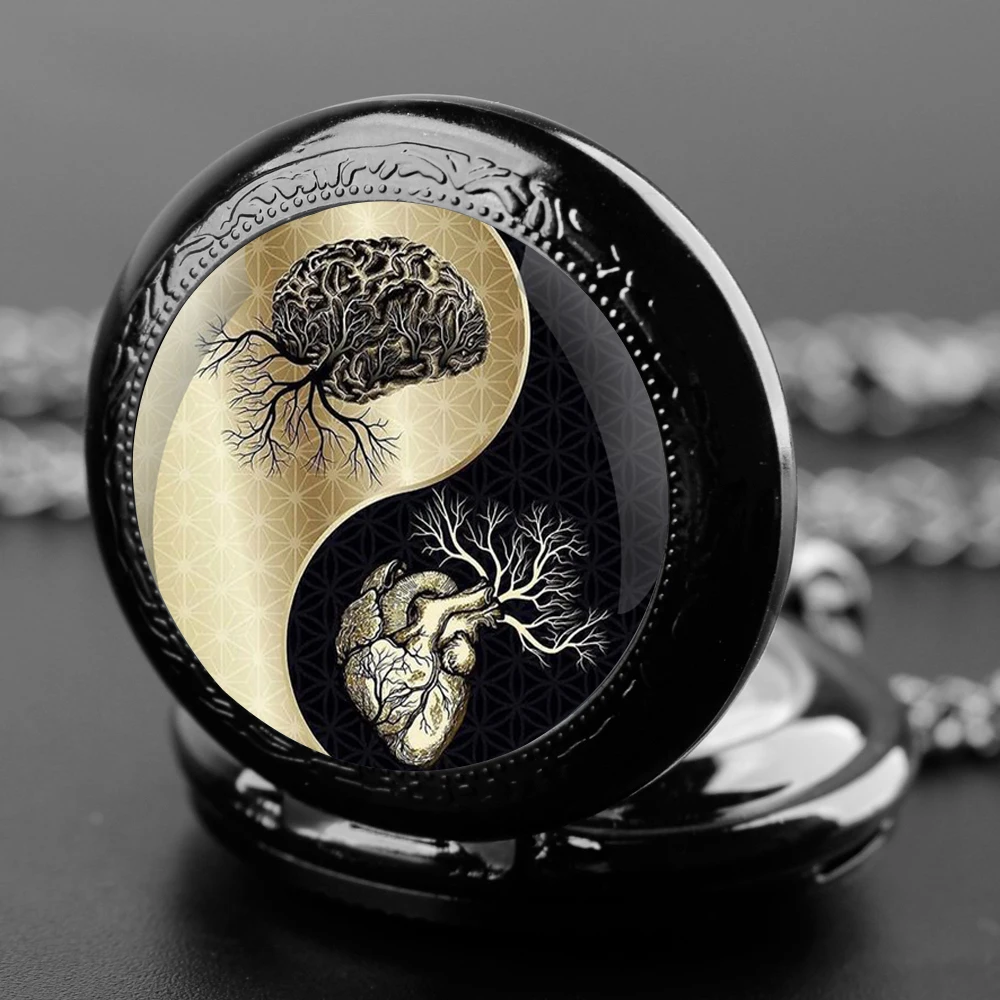 

Retro Black Yin and Yang Heart Quartz Necklace Pocket Watch With Chain Pendant Steampunk Vintage Gifts Clock for Women Men Kids