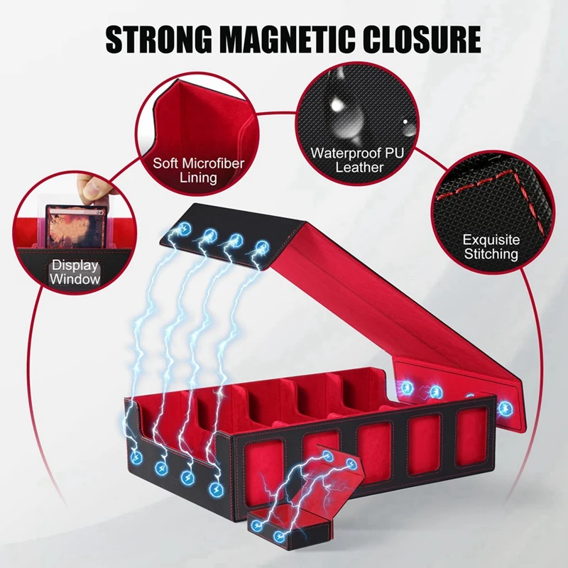 Kotak Penyimpanan Kartu Perdagangan 5 Baris Kotak Dek Kartu Kotak Kartu Magnetik dengan Tutup Hitam+Merah