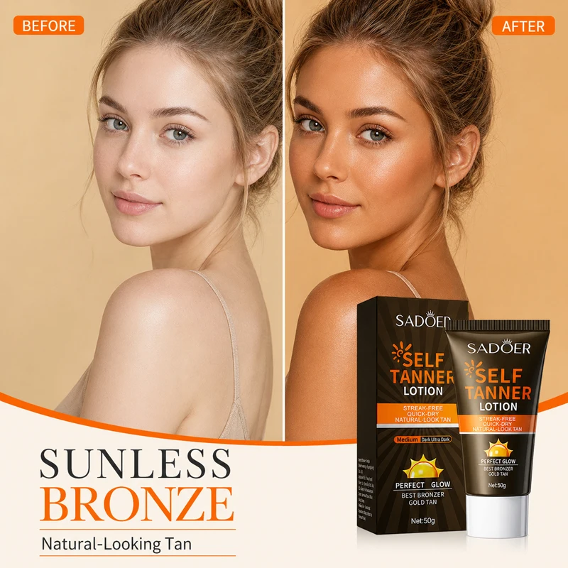 SADOER Self Tanner Lotion Sunless Tanning Cream Face Body Streak-Free Quick-Dry Hydrating Natural Bronze Glow Autobronceador 50g
