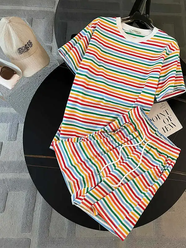 

Летний новый стиль: Повседневный спортивный комплект с полосками Salt System, женский, с коротким рукавом, модный, омолаживающий, в стиле интернет-знаменитостей, короткий...