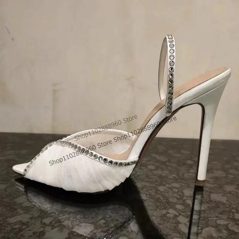 

Solid Slingback Air Mesh Crystals Pointy Sandals Stilettos High Heel Cut Heel Women Shoes Back Strap Peep Toe Stylish Sandals