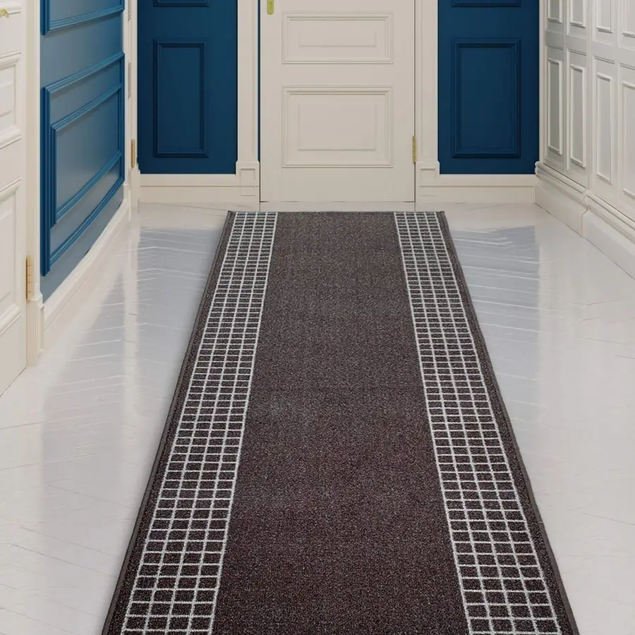 

Made Runner Rug for Kitchen Foyer Hallway Entry Choose Your Length 26 Inch Wide Geometric Checkered Design Brown Color 7 feet x