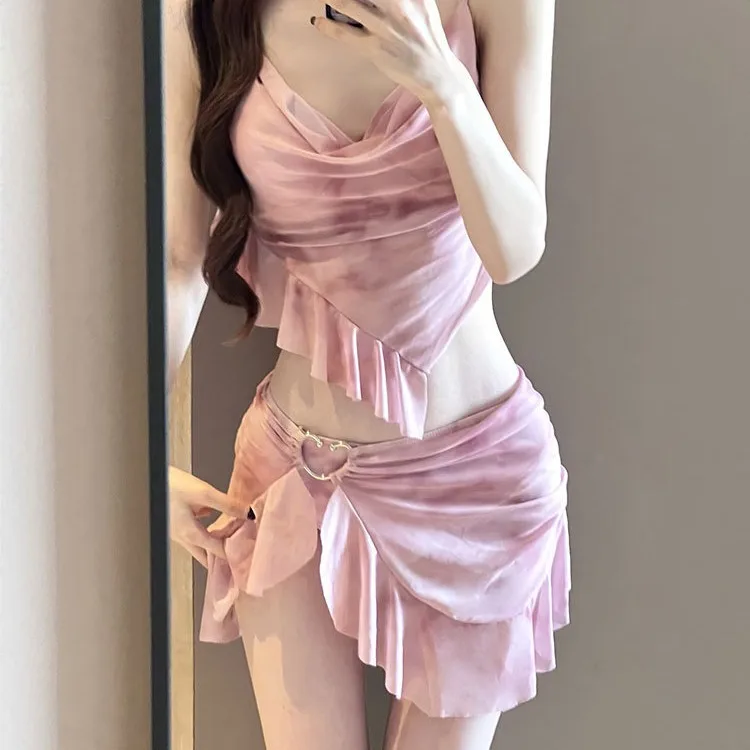 Sexy Badeanzug Frauen Bikini Set Mode Y2K Rosa Split Badeanzug Drei Stück Frauen Bademode Bade Chic Urlaub Beachwear