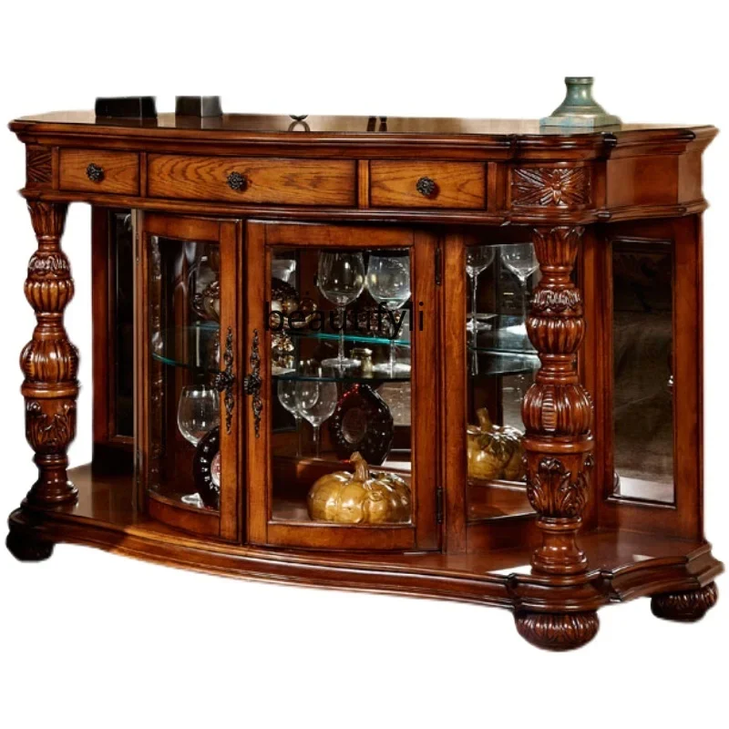 

European Style Solid Wood Sideboard American Vintage Wine Cabinet Carved Wall Storage Cabinet for Home Use