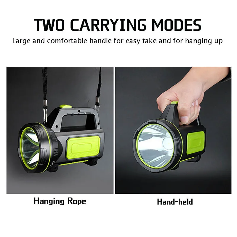 LED Strong Searchlight Flashlight Portable Hand Lamp Rechargeable 2 Lighting Modes Emergency Hiking Camping Energe Saving Torch