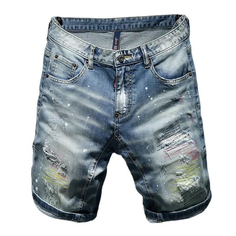 Short en jean bleu pour hommes, short en jean, trous, peinture, streetwear décontracté, haute qualité, coupe couvertes, commandé, 38