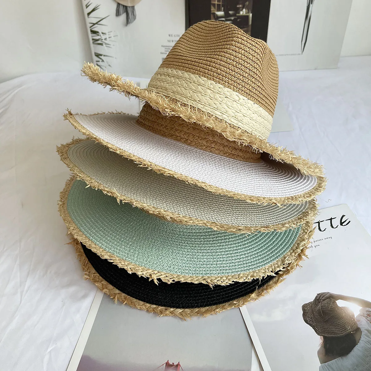 Fringed Brim Panama Hat Wide Brim Sun Hats for Women Straw Fedoras Beach Hat Wide Brim Roll up Straw Hat Kentucky Derby Sun Hat